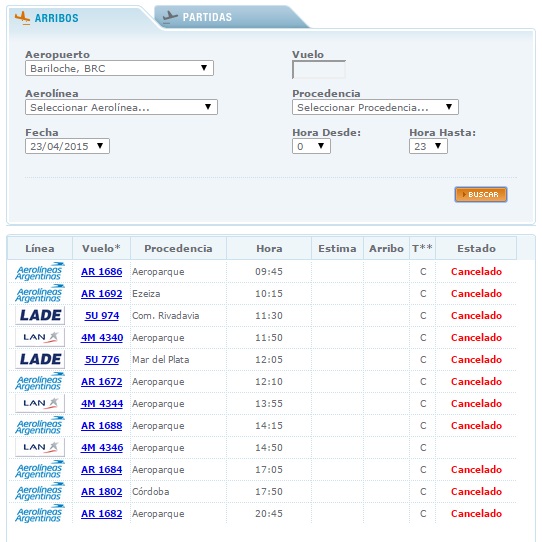 Panel de arribos del aeropuerto de Bariloche del 23/04/2015.