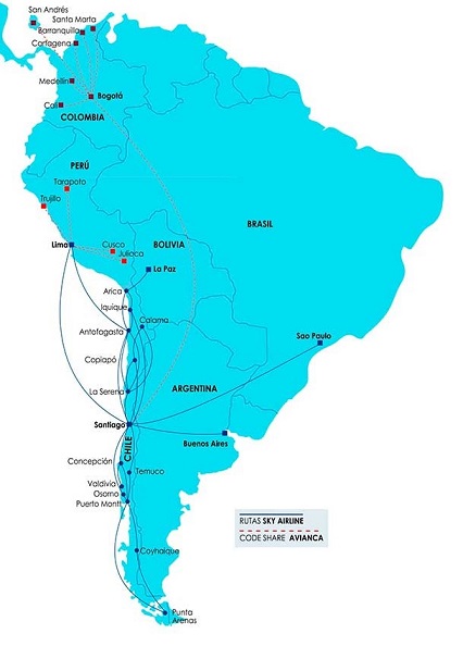 Mapa de rutas de Sky Airline (Fuente: Sky Airline)