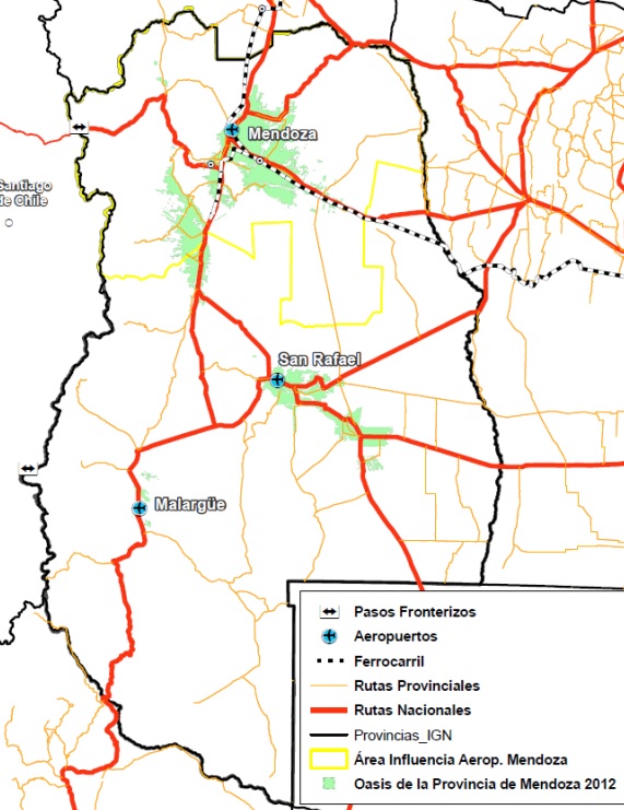 El aeropuerto de Mendoza en el contexto provincial (Elaboración: ORSNA)