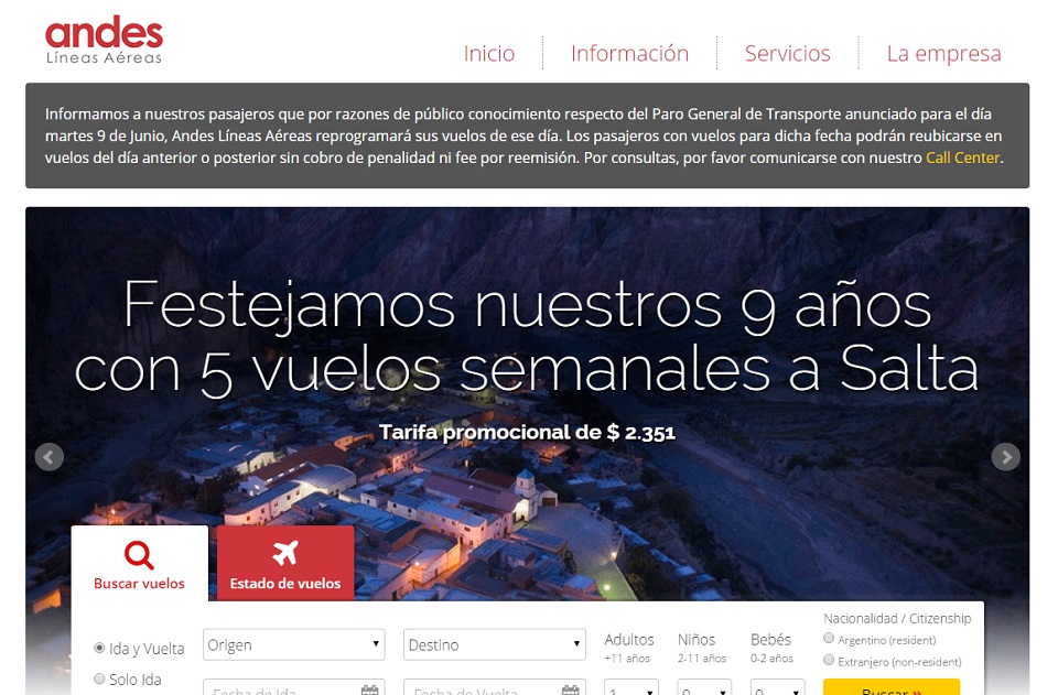 Así promociona Andes los nuevos vuelos en su sitio web