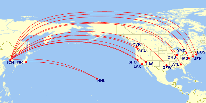 red de rutas a norteamerica de Korean Air