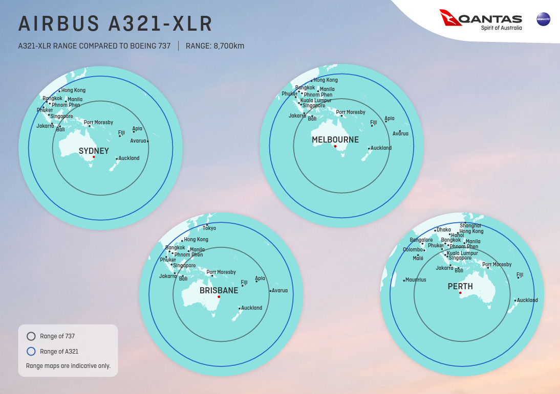 Airbus A321XLR Qantas Range Map