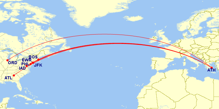 Greece - USA map route