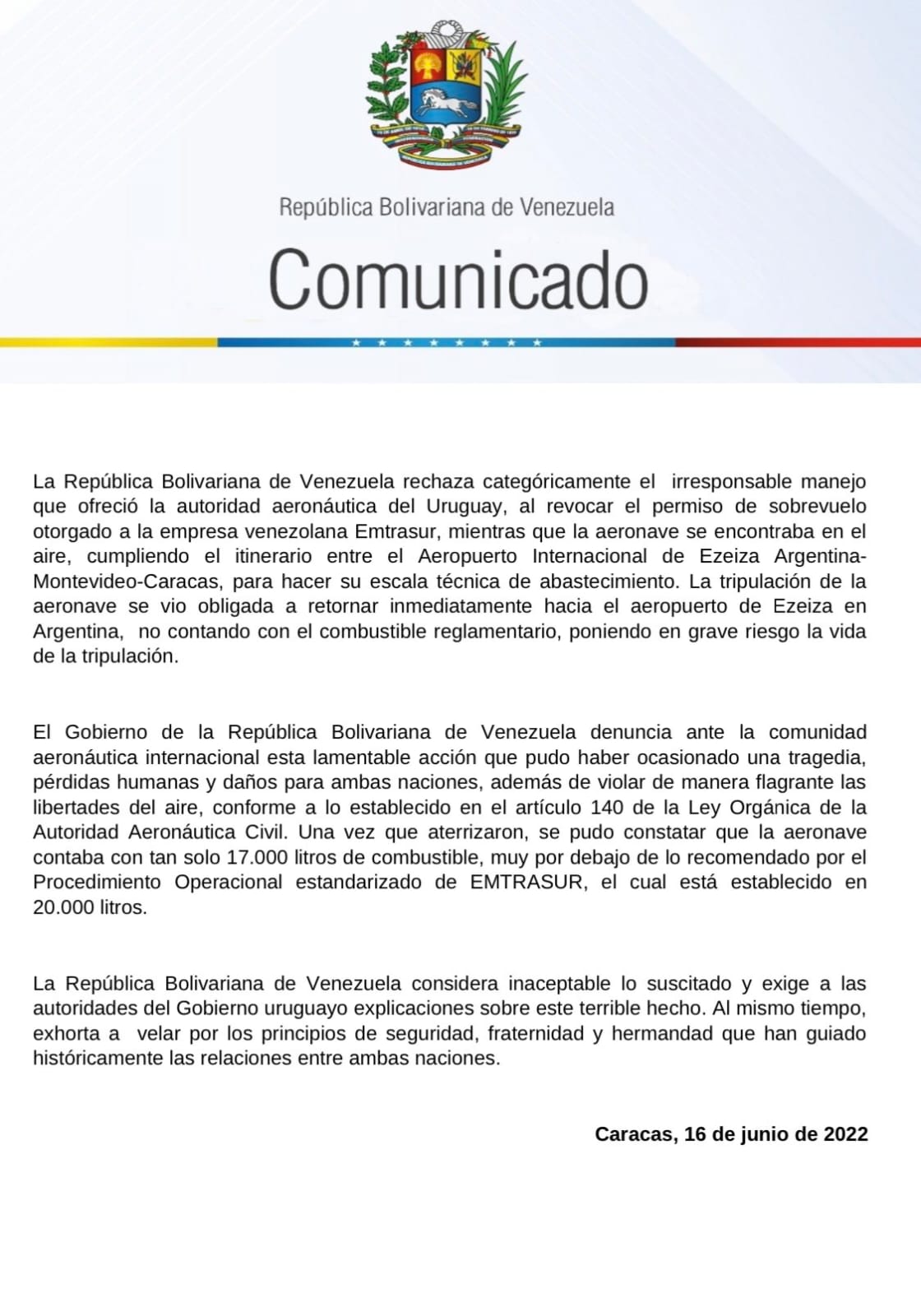 Venezuela Emtrasur statement