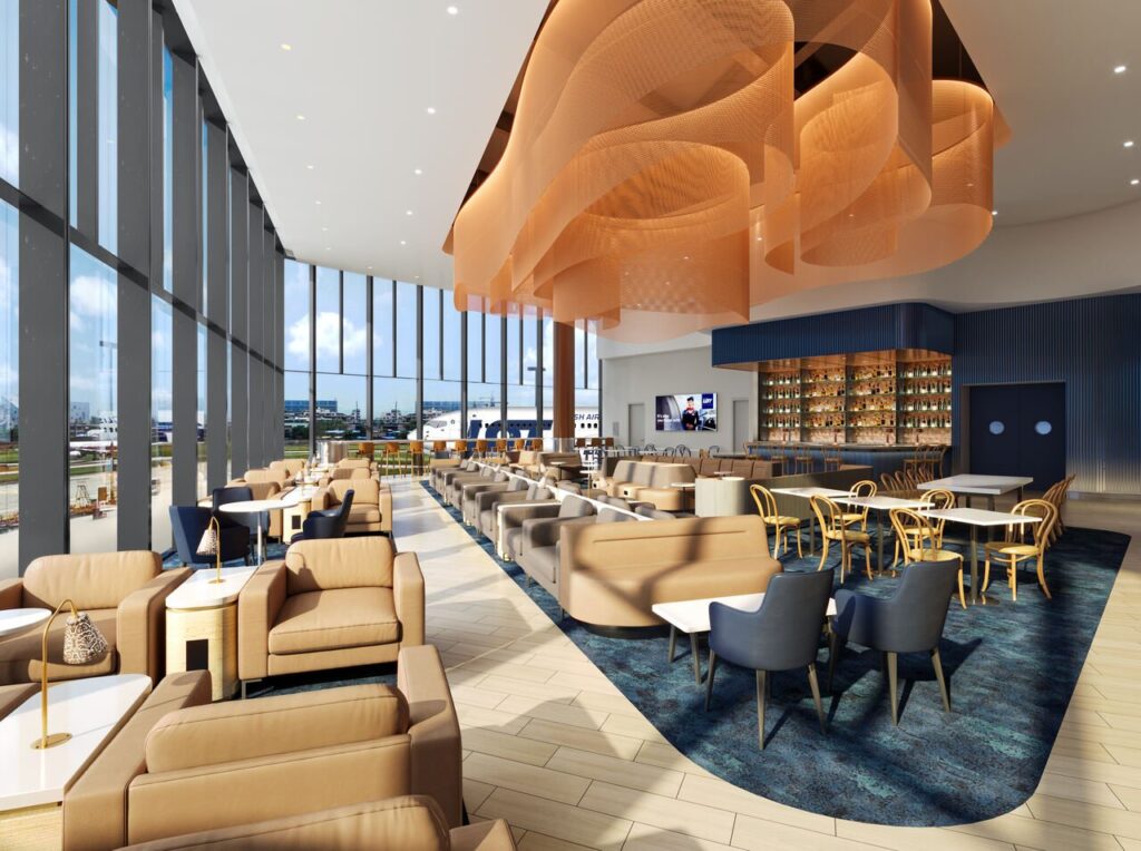 Render del Lounge VIP de LOT en Chicago O'Hare