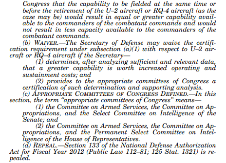 2018 NDAA Section 136 U-2 RQ-9