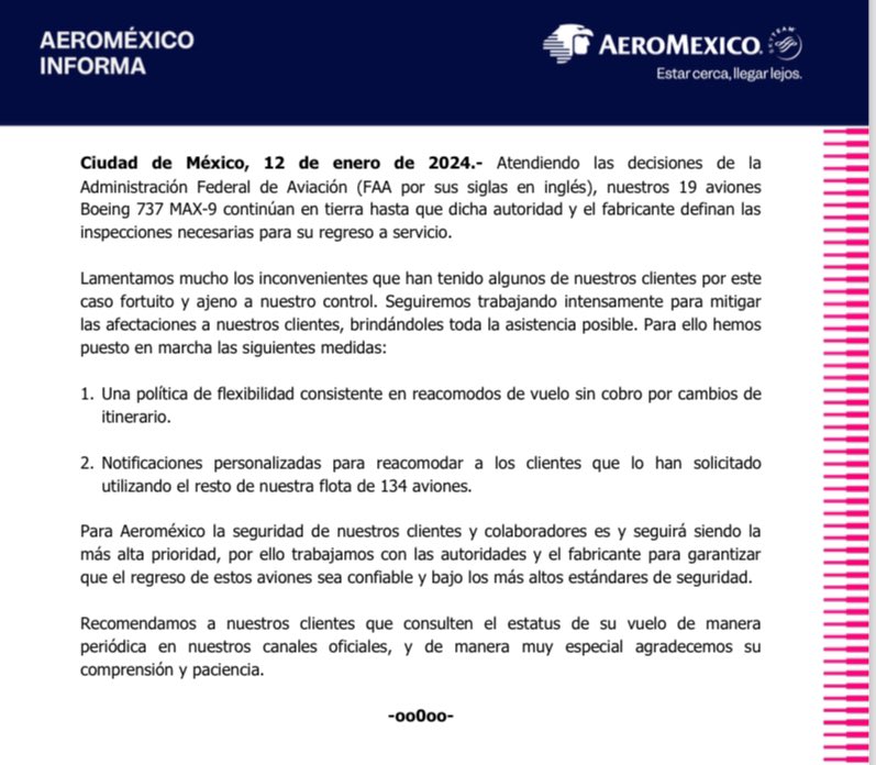 Aeromexico Boeing 737-9 letter
